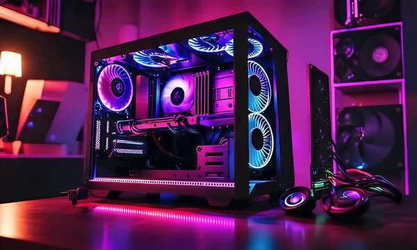 Illuminated high-performance computer case with colorful RGB lighting, showcasing tech and gaming aesthetic.