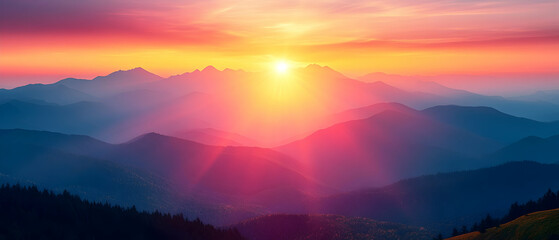 Vibrant sunrise over majestic mountain range.