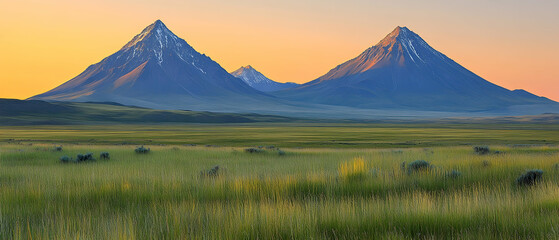 Fototapeta premium Majestic sunset over vast grassland with two volcanic mountains.