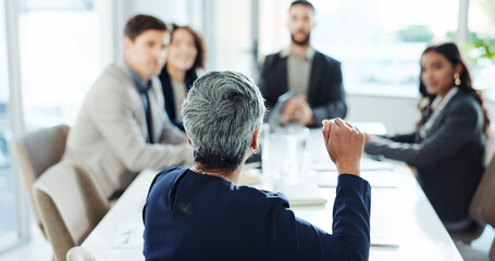 Obraz premium Speaker, planning and meeting with business people in office for growth strategy, proposal pitch and team. Sales projection, consultant and budget workshop with employees for brainstorming and profit