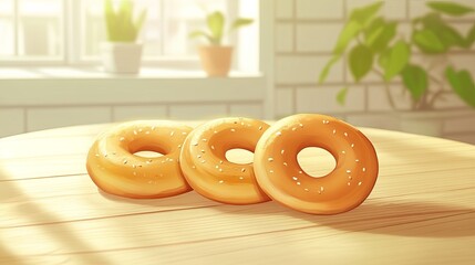 A clean setup of freshly baked bagels styled on a light wooden table with cream cheese. background