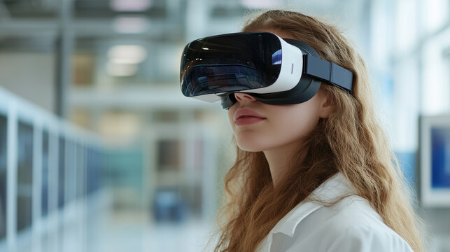 Woman using virtual reality headset future technology. - Powered by Adobe