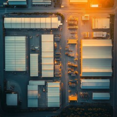 Aerial View of Industrial Complex at Sunset