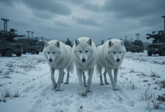 Three white direwolves walk through a snowy military training ground, watched by the military
