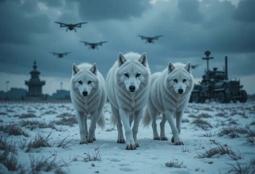 Majestic white dire wolf confidently walk across a snowy landscape while drones fly overhead.
