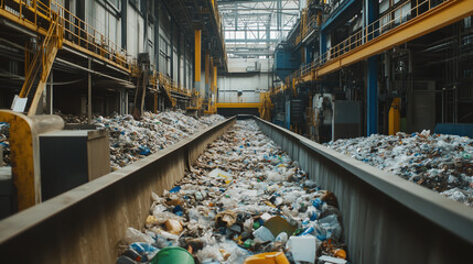 plastic waste inside a large recycling facility.