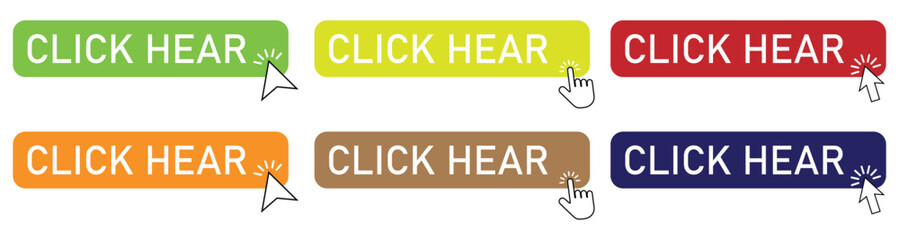 Click web buttons collection, Click Here Button with Click cursor,  Click here web button sign symbol, Vectoe.