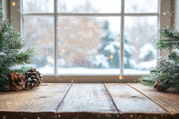Snowy winter scene through window with wooden table and pine tree decorations. Great for Christmas themed designs, products or seasonal advertisements.