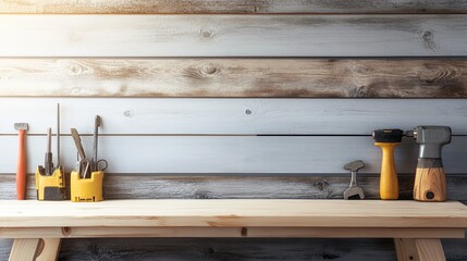 A clean wooden bench styled with tools for handyman services. background