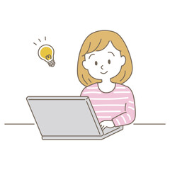 20～40代、在宅仕事をす女性のビジネスシーン、シンプルかわいい線タイプ（カジュアルな服装・電球）
