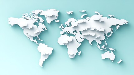 3D embossed world map on light blue background.