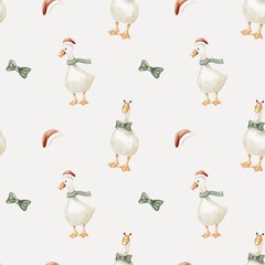 Charming watercolor illustration of geese in festive attire on seamless textile background