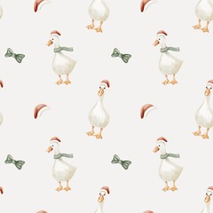 Cheerful geese in festive attire create a delightful pattern for seasonal decor and wrapping paper
