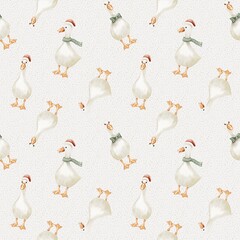 Geese in festive attire create a charming, seamless textile pattern for decoration