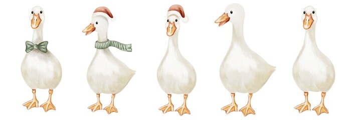 Geese in festive attire with scarf and hats for cheerful textile design