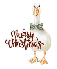 Charming goose with bow tie wishing Merry Christmas in a delightful watercolor design