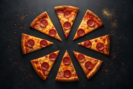 Pepperoni Pizza Slices Arranged in a Circle on Dark Background