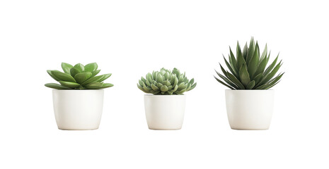 Three small succulents in white pots