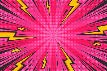 Cartoon comic background with lightnings and halftone effect. Pop art graphic with radial thunders. Pink abstract vector illustration with flash light and speed lines frame. Explosion bg. © Chorna_L