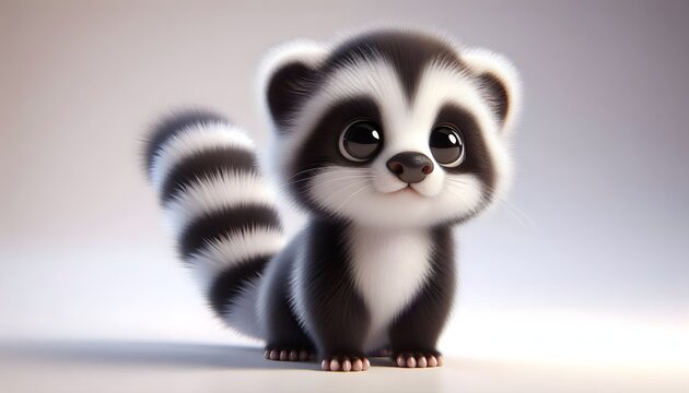 Charming baby zorilla with fluffy tail and curious eyes in 3D design on isolated white background