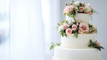 Wedding three-tier cake decorated with flowers