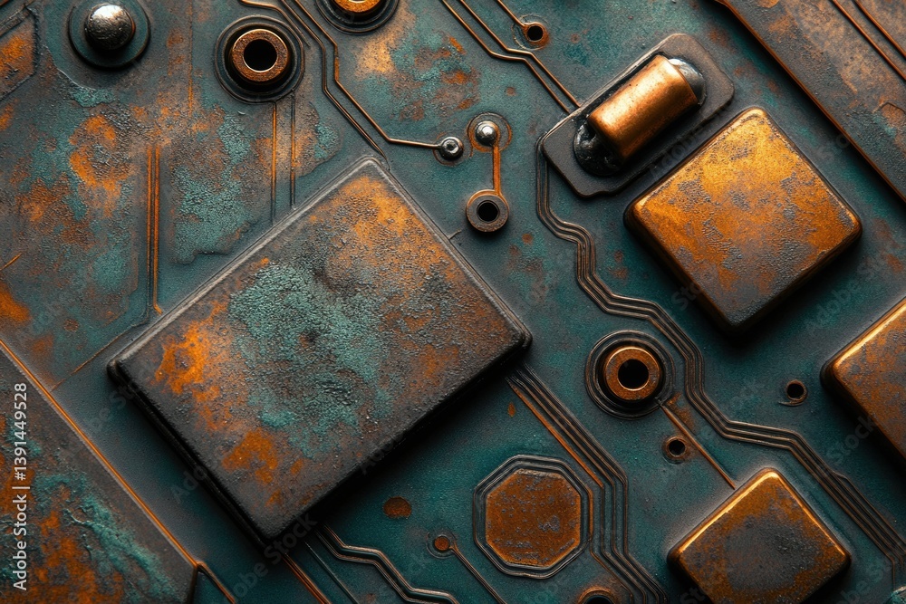 Aufkleber a highly detailed close-up of a weathered and oxidized circuit board with bronze and teal hues and i
