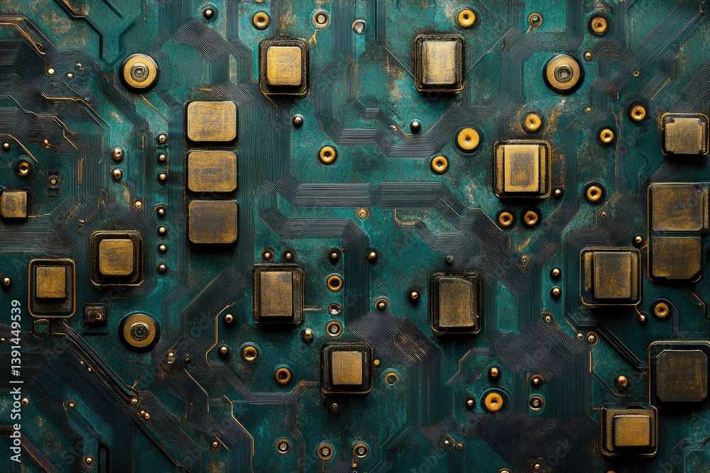 Poster a close-up, teal and golden motherboard shows intricate circuitry and components, exhibiting a futur