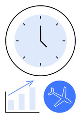 Analog clock, growth chart with upward arrow, airplane icon. Ideal for travel planning, business growth, productivity, time tracking, corporate success, aviation flat simple metaphor