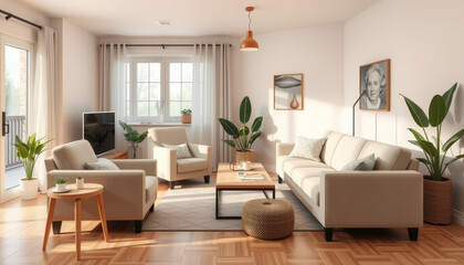 Bright and cozy living room interior with natural light, modern furniture, houseplants, and warm wooden accents.