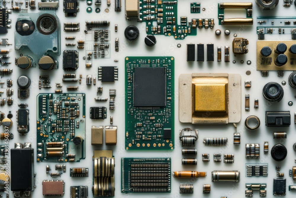 Poster detailed overhead shot reveals a variety of circuit boards and electronic components on a white surf