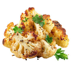 Deliciously roasted cauliflower garnished with fresh herbs. transparent background