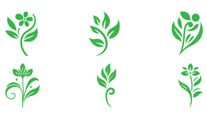 Green Floral Icons Set of Decorative Leaves and Abstract Flowers Vector Design.
