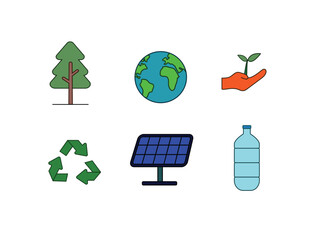Set of graphic elements themed around environment, including tree, Earth, reforestation, recycling, solar panel, and plastic bottle