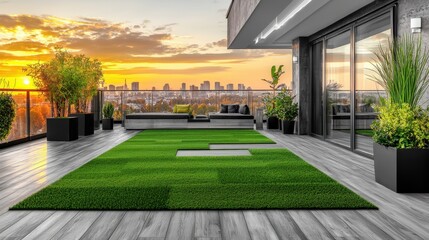 Breathtaking rooftop terrace with panoramic cityscape view and vibrant sunset over sleek modern urban architecture  Lush greenery comfortable outdoor furniture