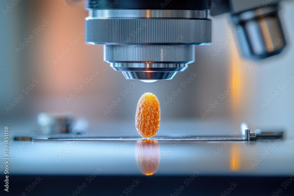 Aufkleber microscope focused on a tiny orange oval sample with detailed bubbles, reflecting on the platform be