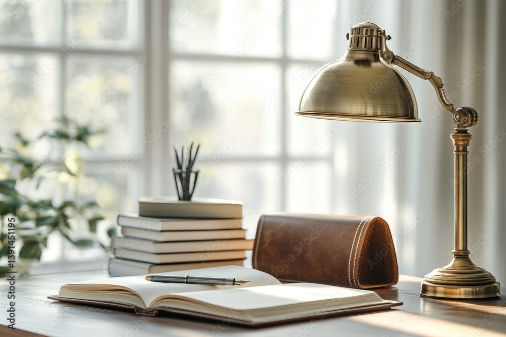 Poster cozy workspace setup with books, open notebook, pencil case and vintage lamp, creating a warm, focus
