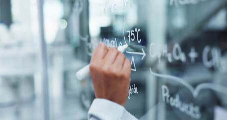 Scientist, hands and writing with glass board for equation, medical research or temperature at lab. Closeup, person or brainstorming with analysis for chemical formulation or molecule development