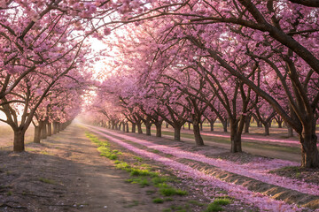 Naklejka premium Blossoming Pathway A Tunnel of Pink Flowering Trees in Full Bloom