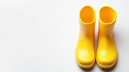 Yellow rubber boots on white background, copy space.