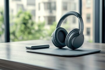 Wireless headphones resting on a pad beside a phone, with a blurred urban view through a window in the background.