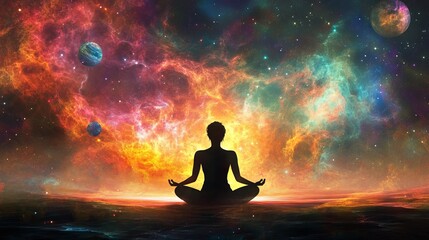 Spiritual Harmony: Silhouette of Person Meditating Against a Cosmic Sky