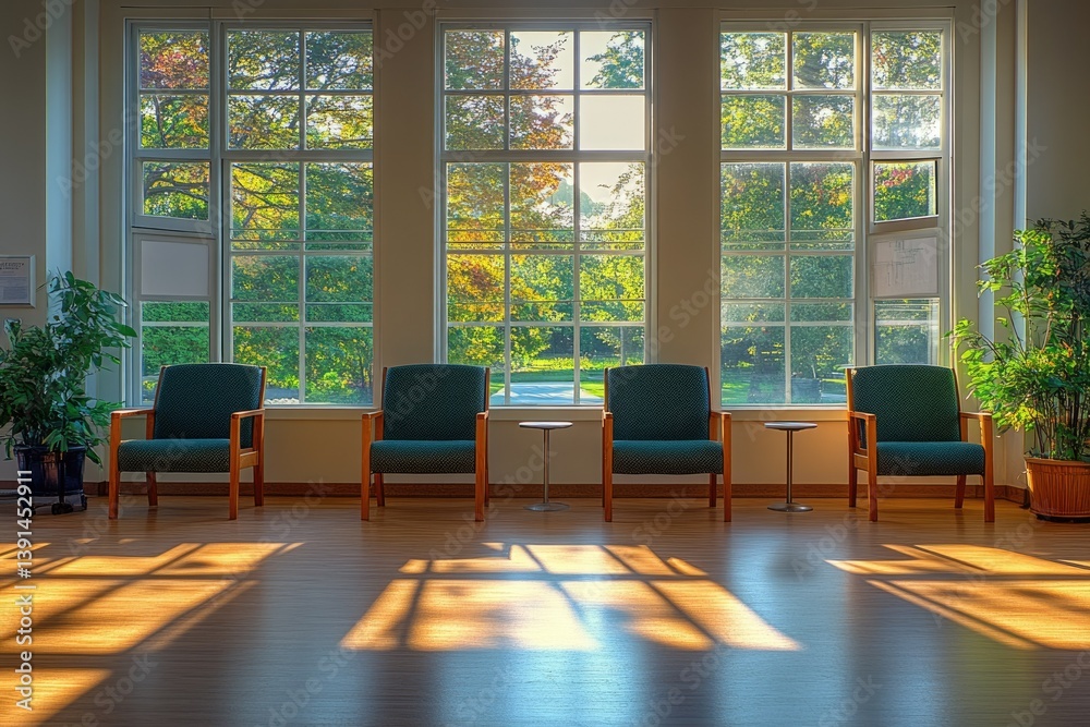 Poster Waiting area with chairs in front of large windows overlooking trees, sunlight creating interesting shadows on the floor.