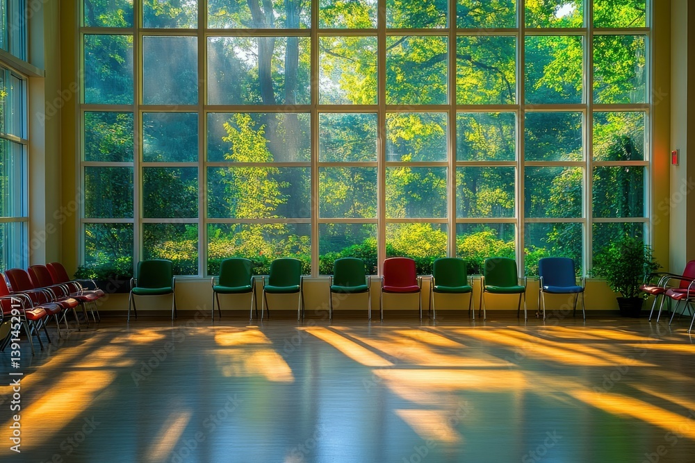 Poster Sunlight streams into a waiting room with chairs before a large window view of lush green trees.