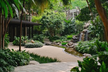 Fototapeta premium Vibrant garden featuring a small waterfall, lush greenery, and a winding path inviting visitors to explore the tranquil space