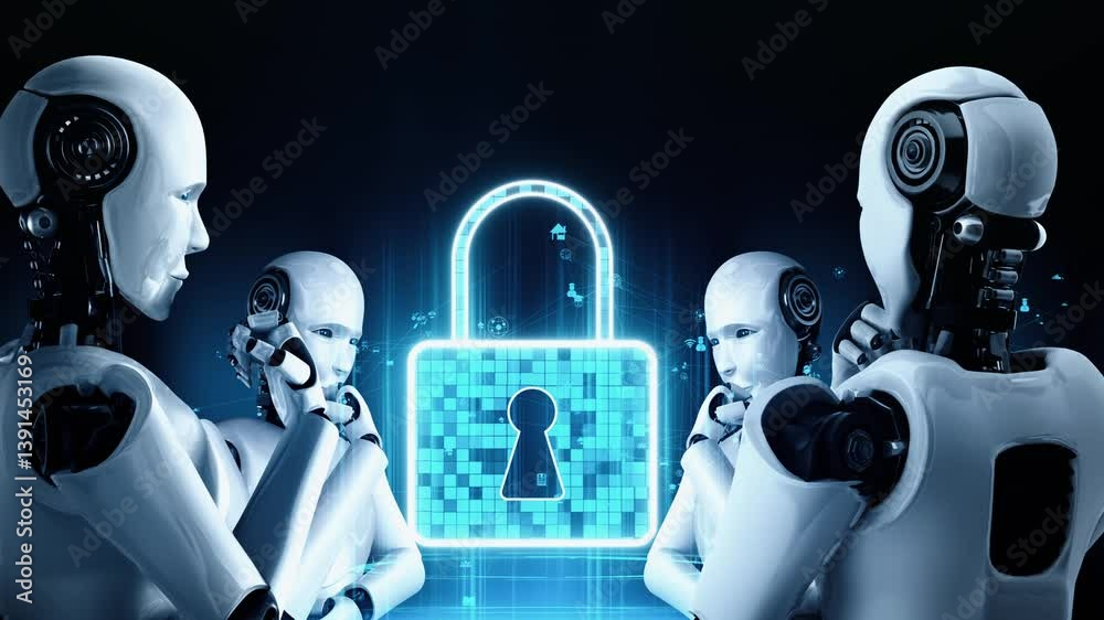 Poster ai robot huminoid uses cloud computing technology to store data on online server . futuristic concep