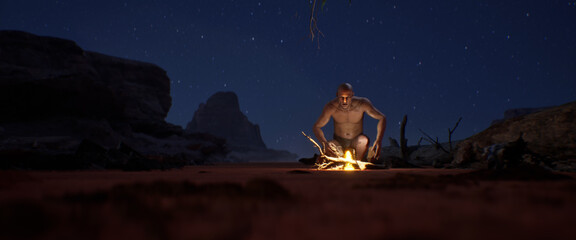 Naklejka premium Primitive man was able to make fire himself for the first time, he is shocked and a little scared. 3d scene symbolizing evolution, progress, and the dawn of human ingenuity. a pivotal moment in