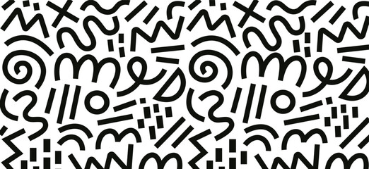 Memphis geometric seamless pattern. Monochrome abstract background in retro 80s, 90s style with various shapes: circles, semicircles, dots, zigzags, spirals, wavy lines. Cute kid doodle design.