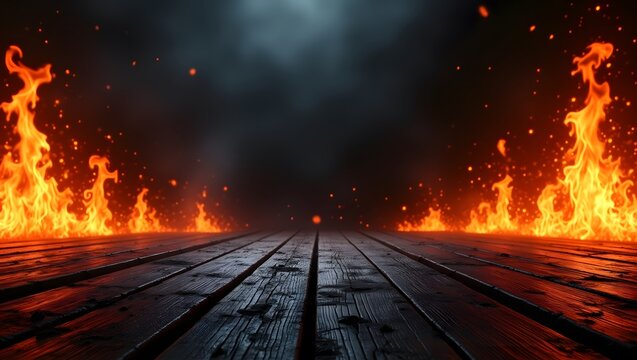 Burning flames and sparks behind wooden floor with dark smoke background, ideal for fire danger concepts, dramatic scenes, or hot product visuals
