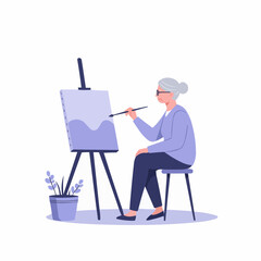 Senior woman painting on canvas in a cozy art studio  