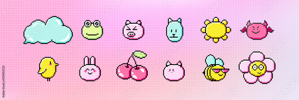 Fototapete pixel art cute icon asset pack. retro aesthetics game style vector illustration. y2k 8-bit pixelated